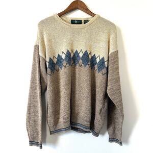 VTG 90s Argyle Knit Sweater Silk Cotton Hunt Club XL Tan Blue Preppy Grandpacore
